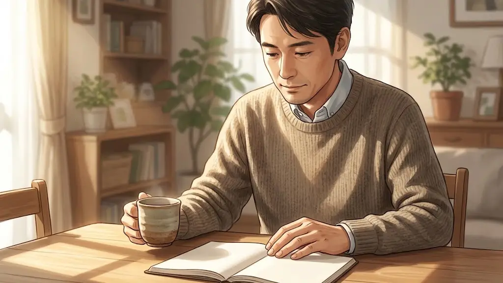 リビングのテーブルで温かいお茶を飲みながら落ち着いて手帳を眺める日本人男性