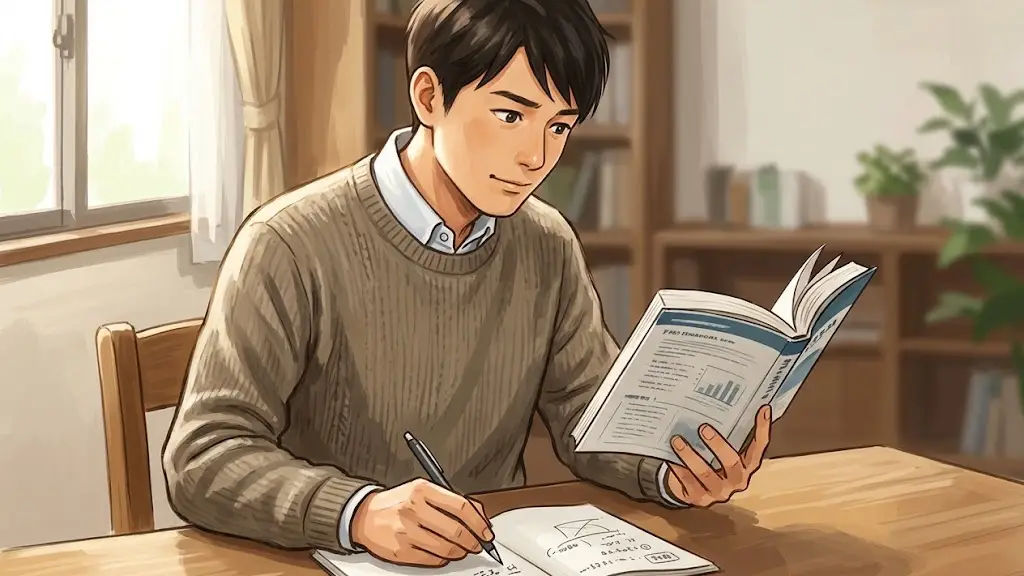 本を開いて考え込みながらノートにペンを走らせる日本人男性
