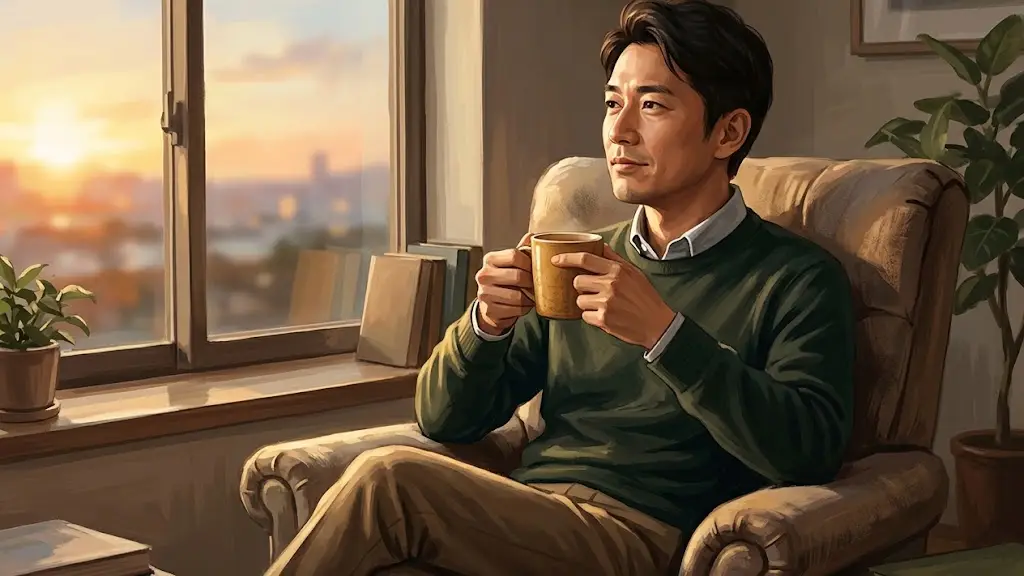 窓辺の椅子に座りカップを手に持ちながら思索にふける日本人男性