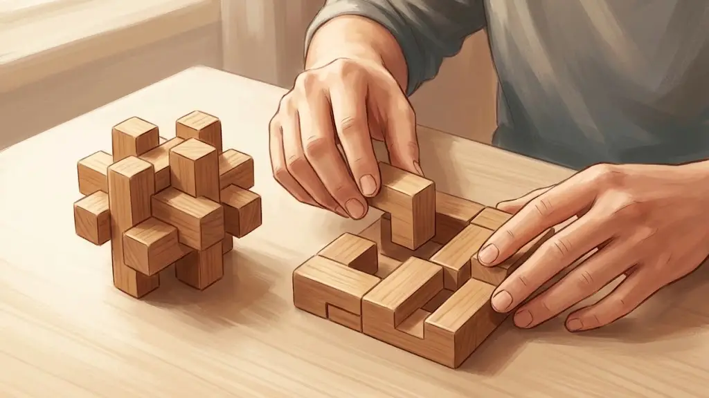 見本を見ながら机の上で木製パズルのピースを並べる手元
