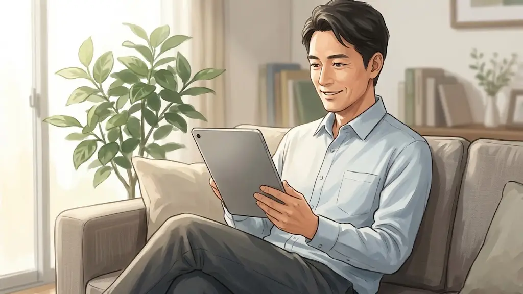 ソファに座りタブレットで資料を確認する日本人男性
