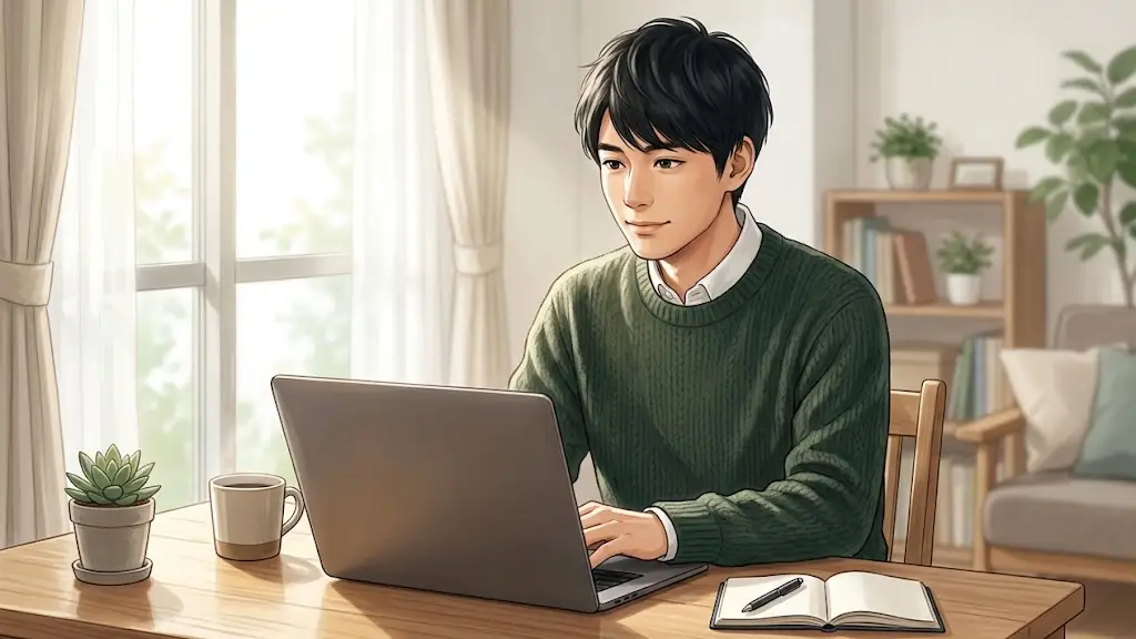 窓からやわらかな光が差し込む部屋で落ち着いてノートパソコンに向かう日本人男性