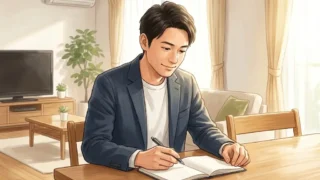 明るいリビングのテーブルでノートを開き前向きに考えを巡らせる日本人男性