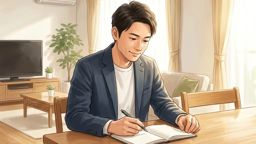 明るいリビングのテーブルでノートを開き前向きに考えを巡らせる日本人男性