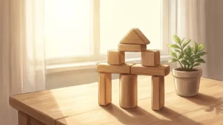 木製のテーブルの上でバランスを保ちながら積み上げられた木製ブロックと緑の観葉植物