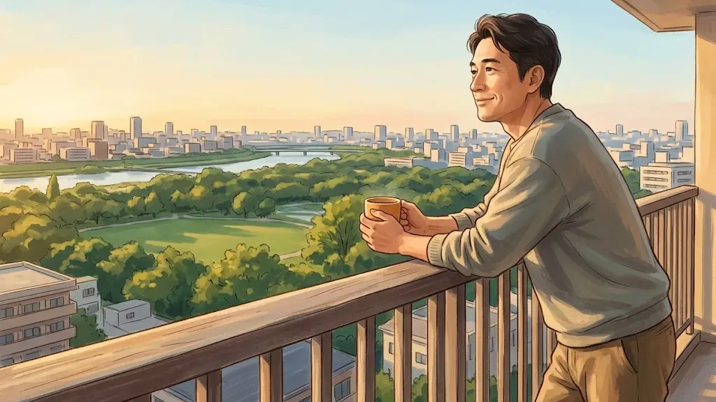 晴れた日のベランダで穏やかに遠くの景色を眺める日本人男性