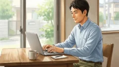 窓辺のデスクでノートパソコンを開き穏やかな表情で作業する日本人男性