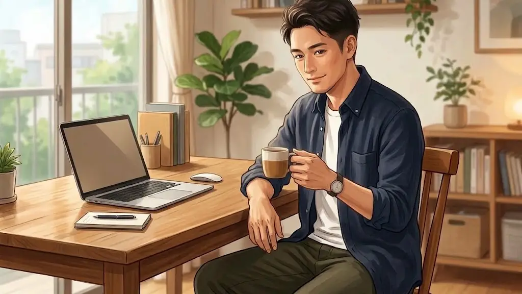 コーヒーカップを片手にデスクで穏やかな表情を浮かべる日本人男性