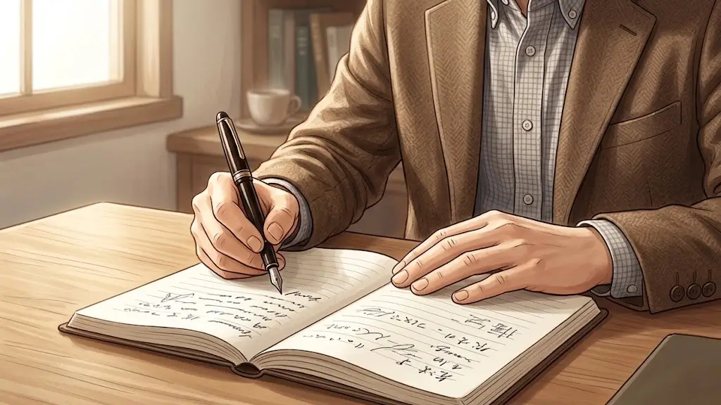 書斎のデスクで手帳を開き万年筆で考えを書き留める日本人男性の手元