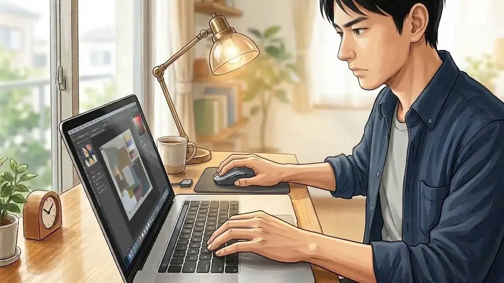デスクライトに照らされた手元でマウスを操作し編集作業に没頭する日本人男性