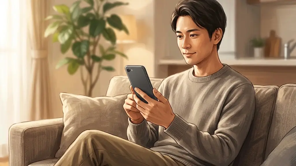 ソファに座りスマートフォンの画面を穏やかな表情で見つめる日本人男性