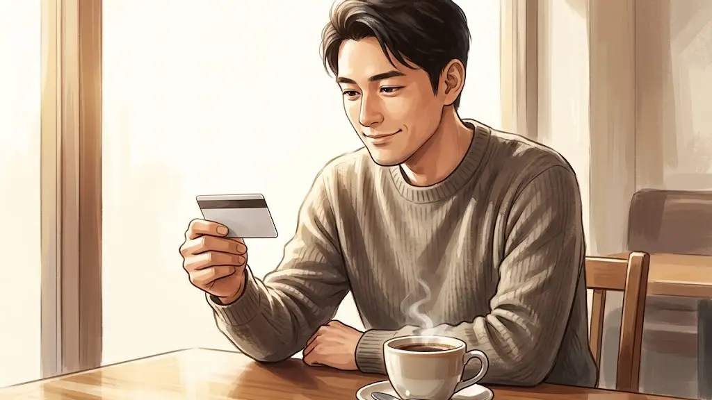 カフェのテーブルでクレジットカードと温かいコーヒーを前に穏やかに微笑む日本人男性