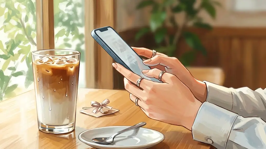 カフェのテーブルでスマートフォンを手元で操作して特典を確認する日本人女性の手元