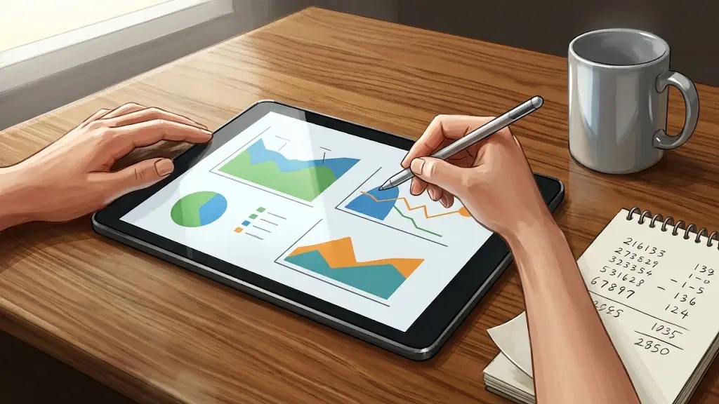 木製テーブルに置かれたタブレットをスタイラスペンで操作して配分を整理する手元