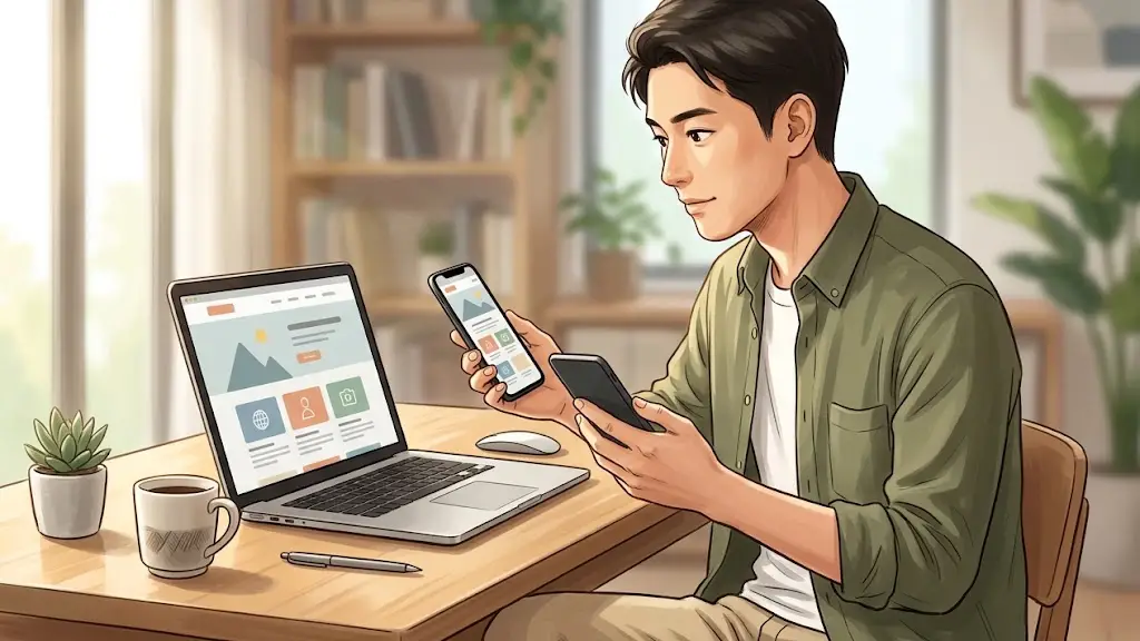 ノートPCと手元のスマートフォンで表示画面を見比べる男性