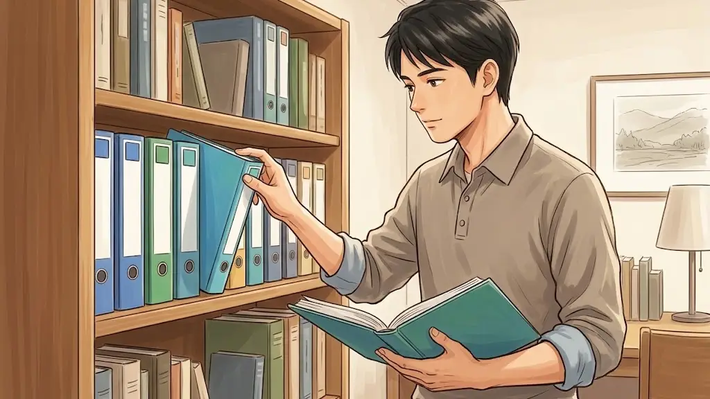 明るい書斎で本棚から投資関連のファイルを取り出し複数の選択肢を見比べる日本人男性