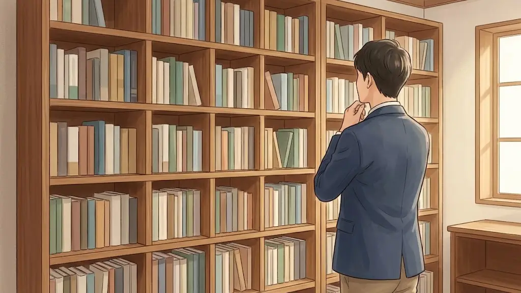 書斎の棚に美しく整然と並ぶ多種多様な本を眺めながら選ぶ日本人男性の後ろ姿