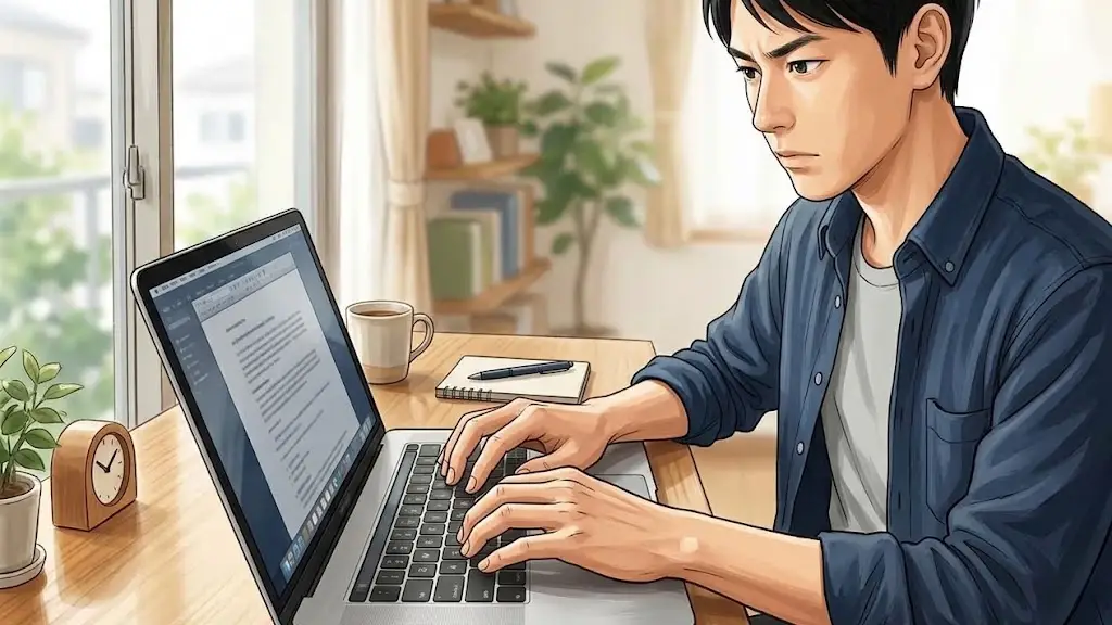 ノートパソコンのキーボードに両手を置き集中して文字を打ち込む日本人男性