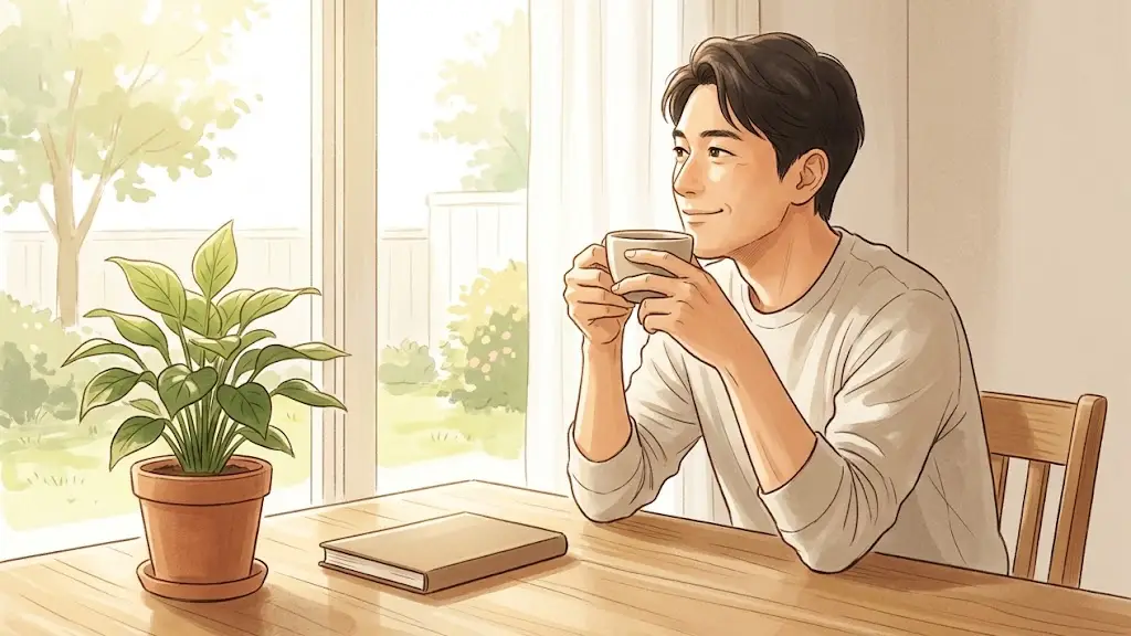 明るい窓辺のテーブルでコーヒーカップを手に持ちくつろぐ日本人男性