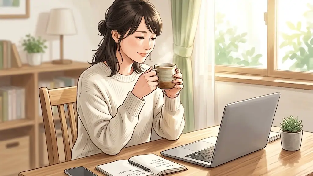 作業を終えてデスクの前でマグカップを手に落ち着いた様子の日本人