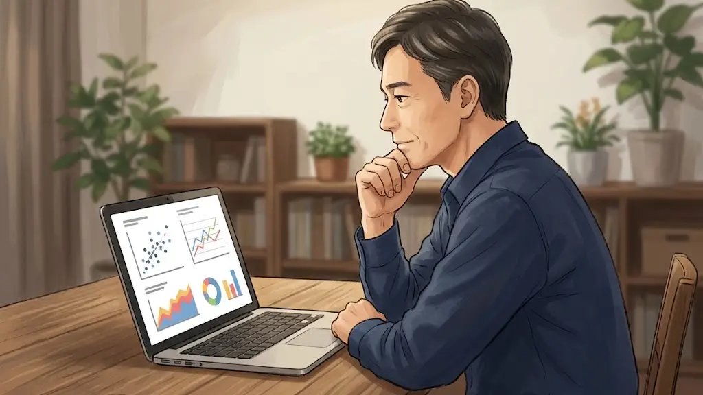 ノートパソコンの画面を見つめながら思索する日本人男性