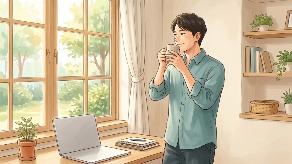 机での作業を終えて窓の外を眺めながらマグカップを両手で持つ日本人男性