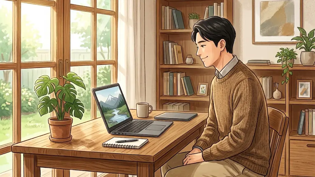 デスクで作業を終えて穏やかな表情を浮かべる日本人男性