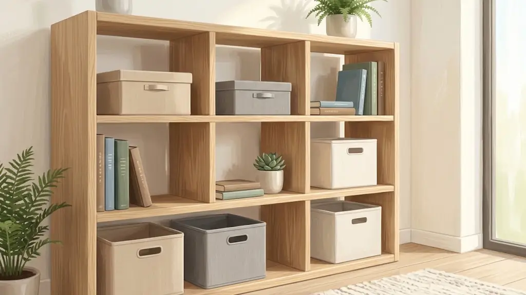 暖かみのある木製キャビネットの上に、余白を残して整然と並べられたシンプルな収納ボックスや本