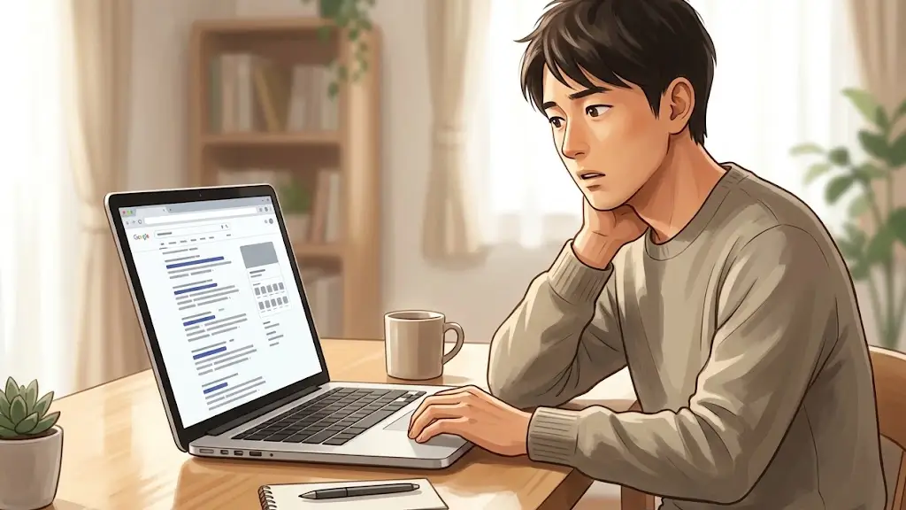 デスクに座りノートパソコンの画面を見ながら少し首をかしげる日本人男性