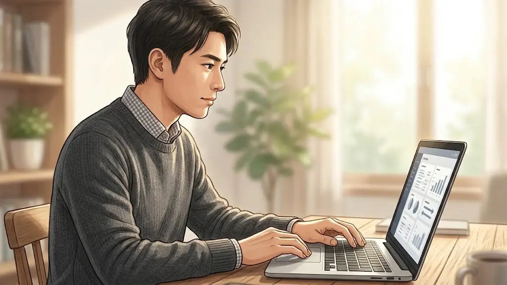 ノートパソコンを開いて真剣な眼差しで画面を見つめる日本人男性の横顔
