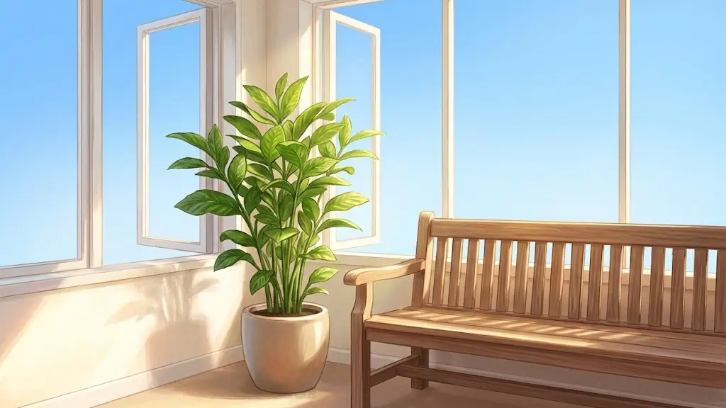 明るい窓辺に置かれた健やかに育つ緑の観葉植物と木製ベンチ