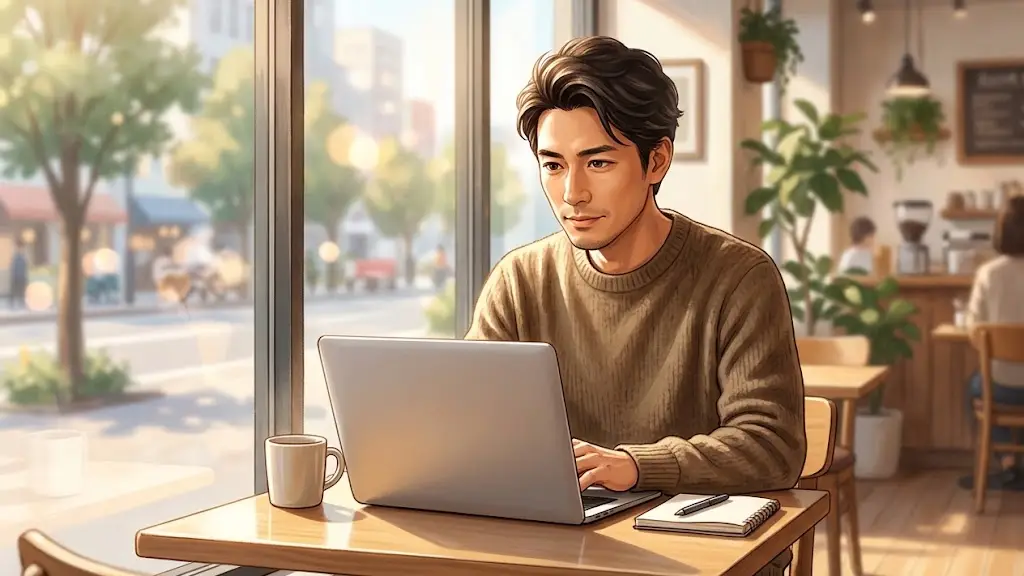 明るいカフェの窓際席でノートパソコンを開いて画面を見つめる日本人男性