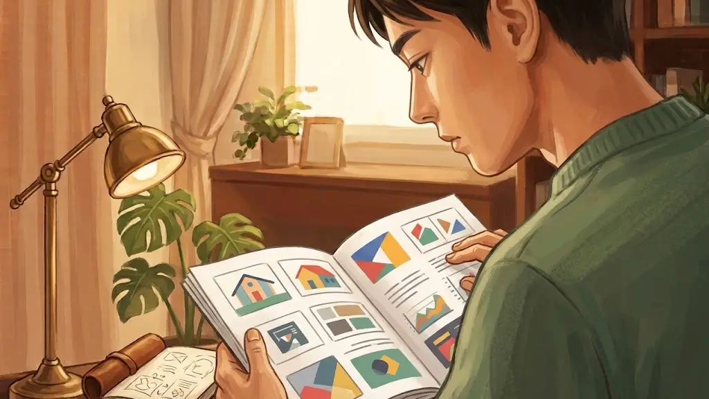 書斎の机に座り落ち着いた表情で資料を眺める日本人男性