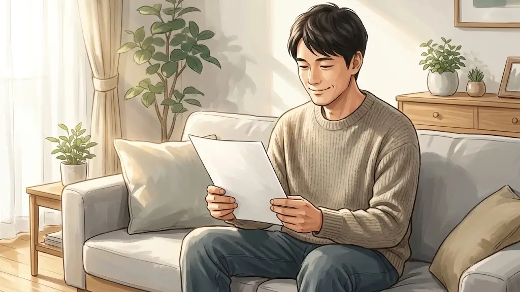 明るいリビングのソファでリラックスしながら将来の資産計画書を眺める日本人男性