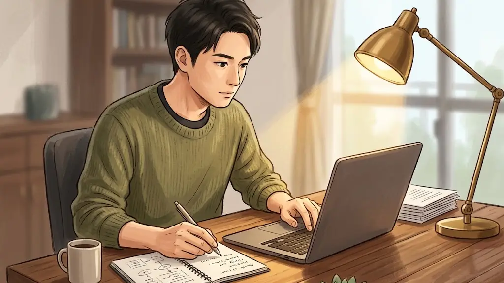 木のデスクでノートパソコンとメモ帳を前に置き、集中して作業を進める日本人男性