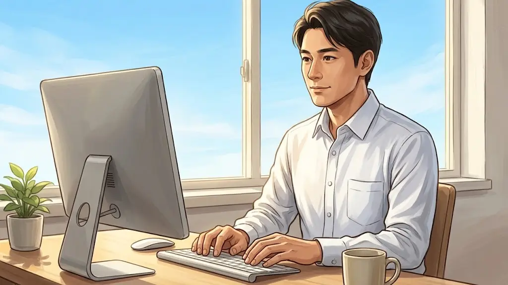 明るい部屋ですっきりと片付いたデスクに向かいキーボードに手を置く日本人男性
