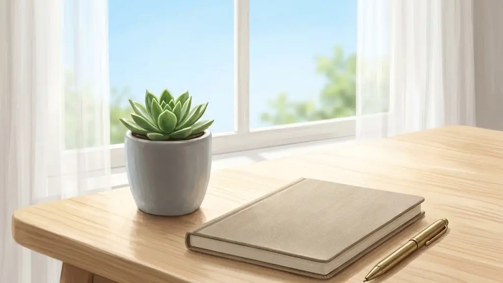 明るい光が差し込むすっきりと片付いたデスクに置かれた小さな観葉植物と閉じたノート