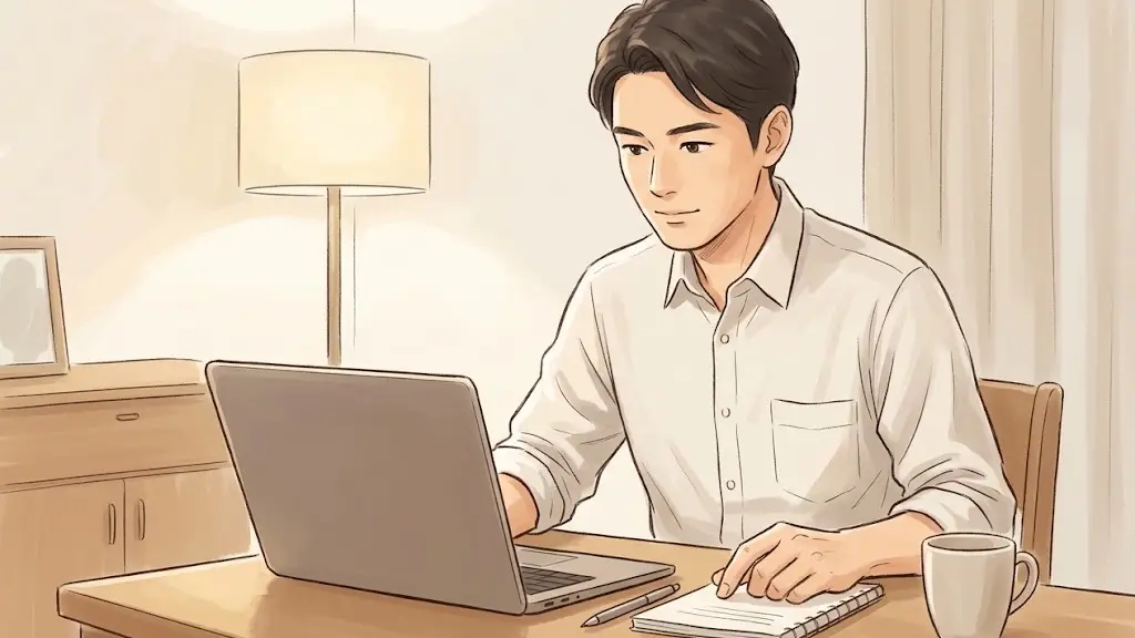 整えられたデスクで資料とノートパソコンに向き合い落ち着いて確認作業を行う日本人男性