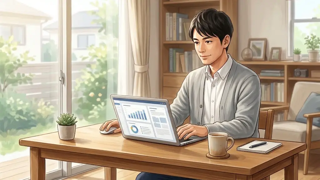 整理されたデスクでコーヒーカップの横に置かれたノートパソコンが稼働している様子