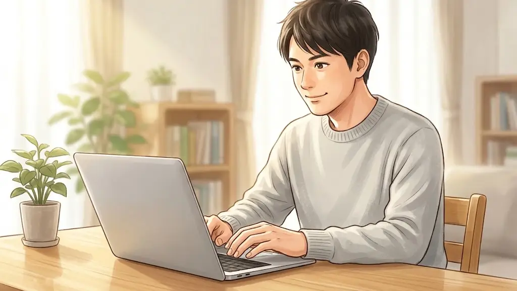 朝の光が差し込む部屋でノートパソコンに向かい前向きな表情で作業を始める男性