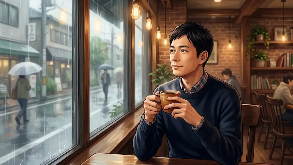 雨の日に落ち着いたカフェの窓際で温かいコーヒーを飲む日本人男性