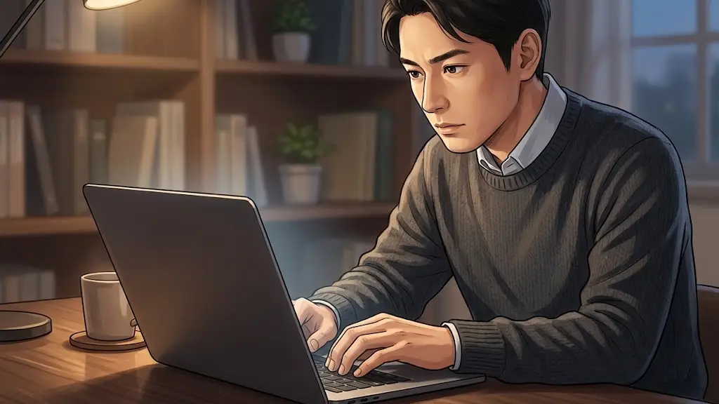 落ち着いた照明の部屋でノートパソコンの画面を真剣に見つめながらキーボードを打つ日本人男性