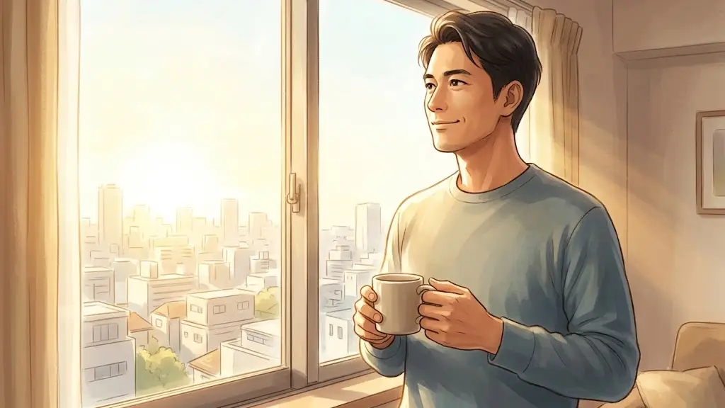 朝の光が差し込む窓辺で外の景色を眺める日本人男性の横顔