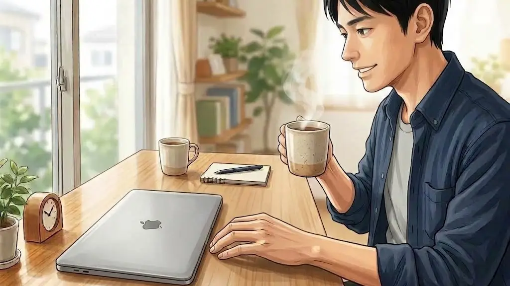 すべての作業を終えてデスクの椅子でくつろぎ晴れやかな表情を浮かべる日本人男性