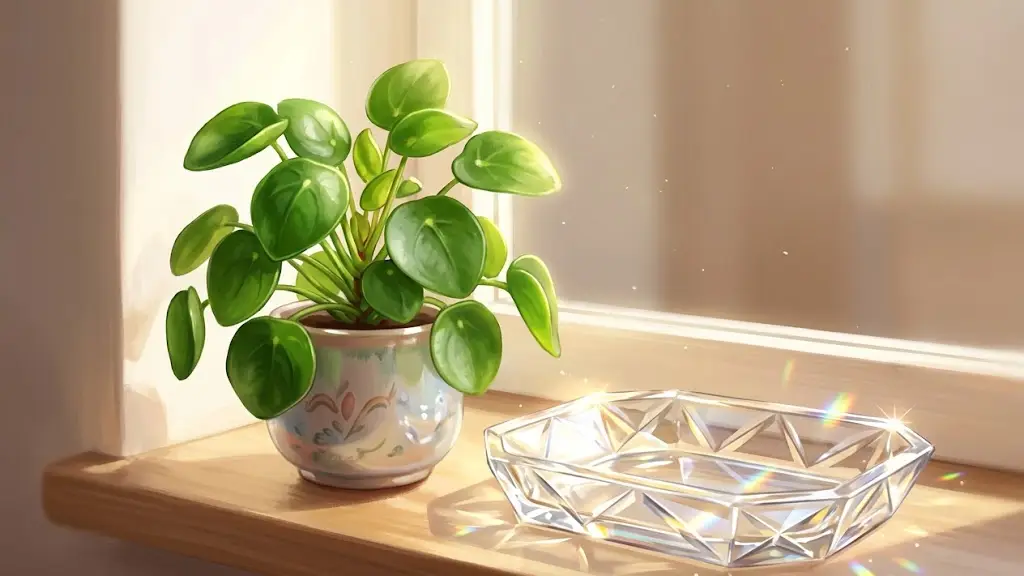 日当たりの良い窓辺のテーブルに置かれた、すくすくと育つ青々とした観葉植物の小鉢と光を透かすガラスのトレイ