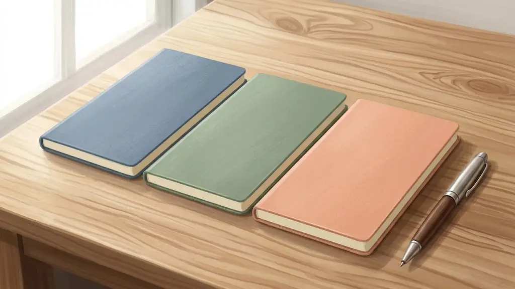 書斎のデスク上に整然と並べられた色違いの3冊のノートとペン