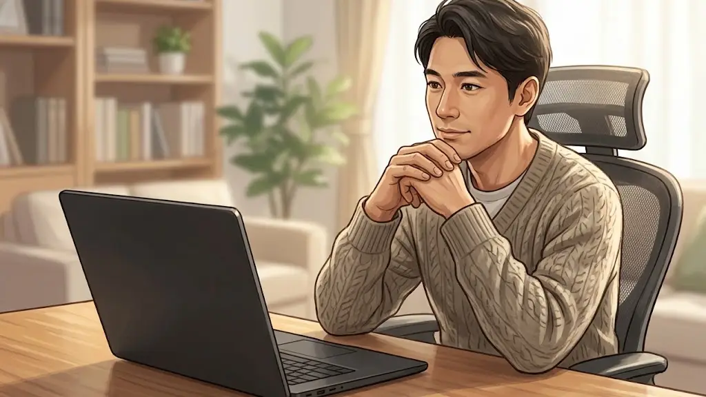 書斎でノートパソコンの画面を見つめながらリラックスして考える日本人男性