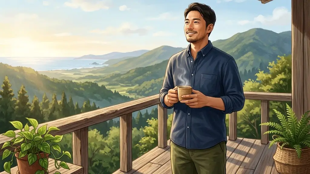 柔らかな光が差し込む朝のテラスで、自分だけの道を見つめて晴れやかな表情を浮かべる日本人男性