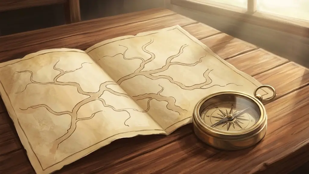 分かれ道が描かれた地図と真鍮のコンパス