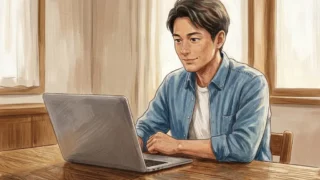 机の上のパソコンに向かってリラックスした様子で座る日本人男性